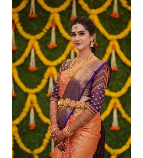 Women's Litchi silk Printed Saree With Unstitched Blouse (Orange)