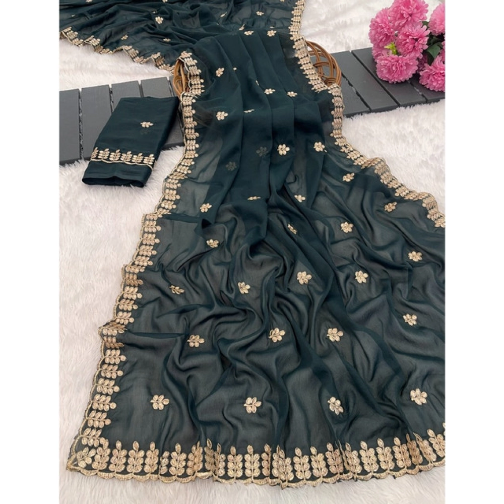 Women's Georgette Embroidered Saree With Unstitched Blouse 5.5Mtr (Teal)