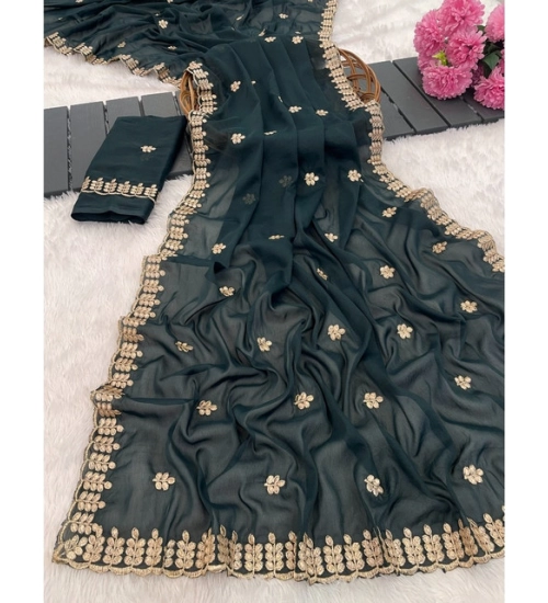 Women's Georgette Embroidered Saree With Unstitched Blouse 5.5Mtr (Teal)