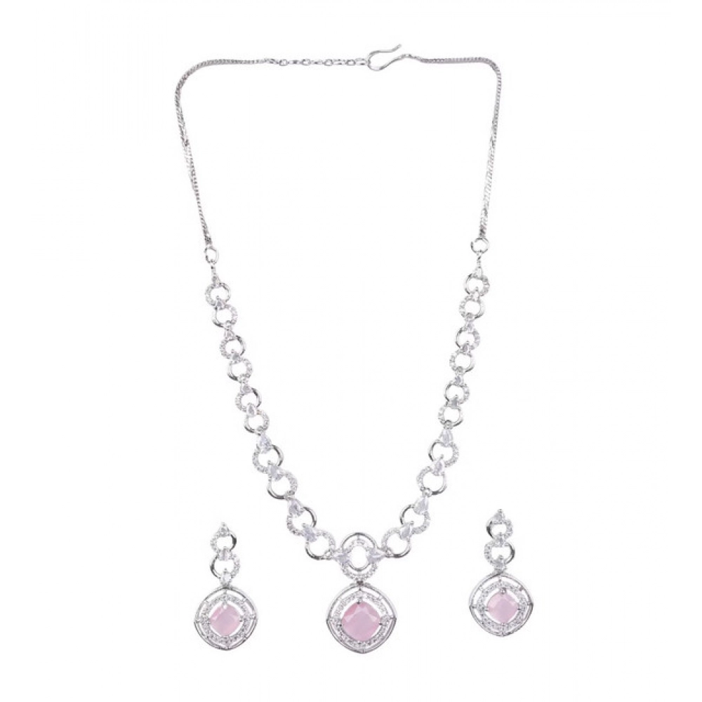 Women's Brass Silver Plated Necklace set (Pink)