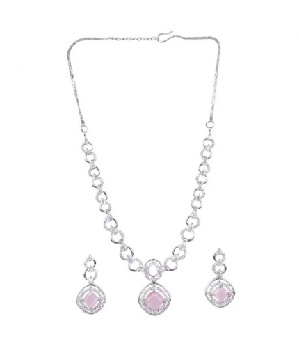 Women's Brass Silver Plated Necklace set (Pink)