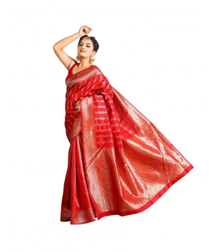 Women's Soft Lichi Silk Printed Saree With Unstitched Blouse 5.5Mtr (Red)