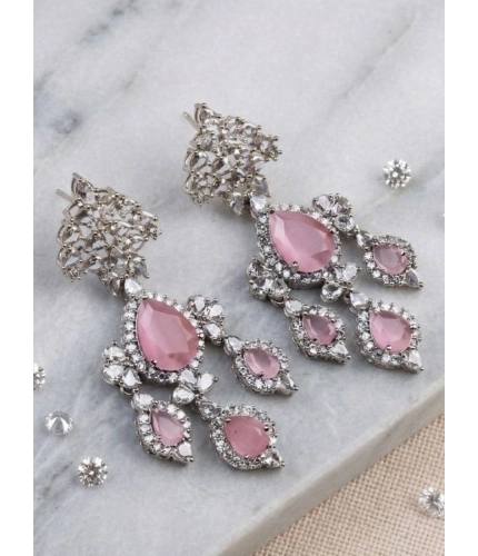 Women's Brass Silver Plated Drop Earrings (Pink)