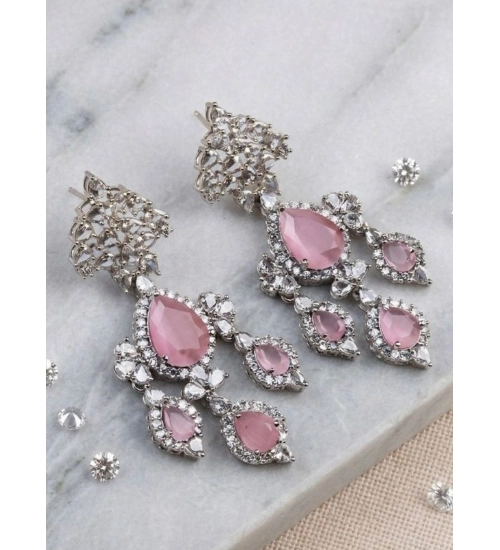 Women's Brass Silver Plated Drop Earrings (Pink)