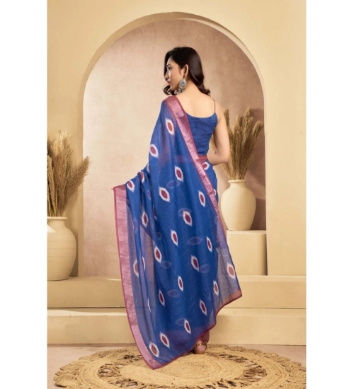 Women's Linen Cotton Printed Ready To Wear Saree With Unstitched Blouse 5.5 Mtr (Blue)
