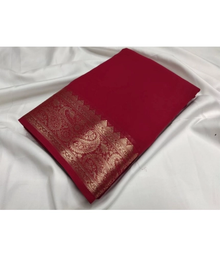 Women's Crepe Chit Pallu Solid Saree With Unstitched Blouse 5.5Mtr (Maroon)