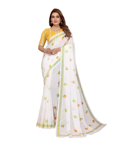 Women's Linen Cotton Printed Saree With Unstitched Blouse 5.5Mtr (White)