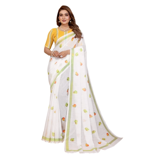 Women's Linen Cotton Printed Saree With Unstitched Blouse 5.5Mtr (White) Women's Linen Cotton Printed Saree With Unstitched Blouse 5.5Mtr (White)