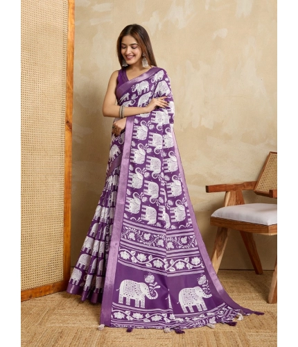 Women's Silk Blend Printed Saree With Unstitched Blouse 5.5Mtr (Purple) Women's Silk Blend Printed Saree With Unstitched Blouse 5.5Mtr (Purple)
