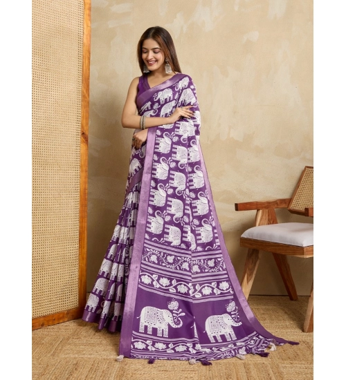 Women's Silk Blend Printed Saree With Unstitched Blouse 5.5Mtr (Purple)