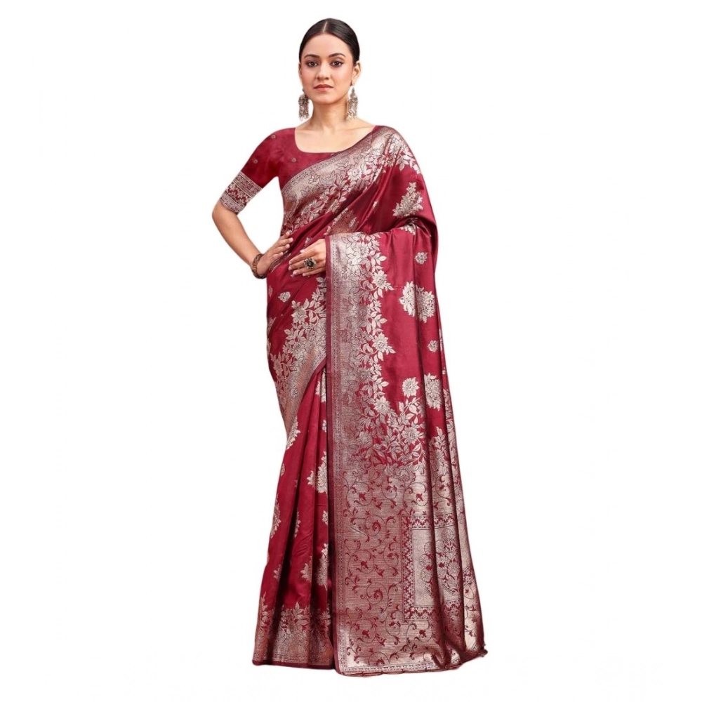 Women's Banarasi Silk Printed Saree With Unstitched Blouse 5.5Mtr (Maroon) Women's Banarasi Silk Printed Saree With Unstitched Blouse 5.5Mtr (Maroon)