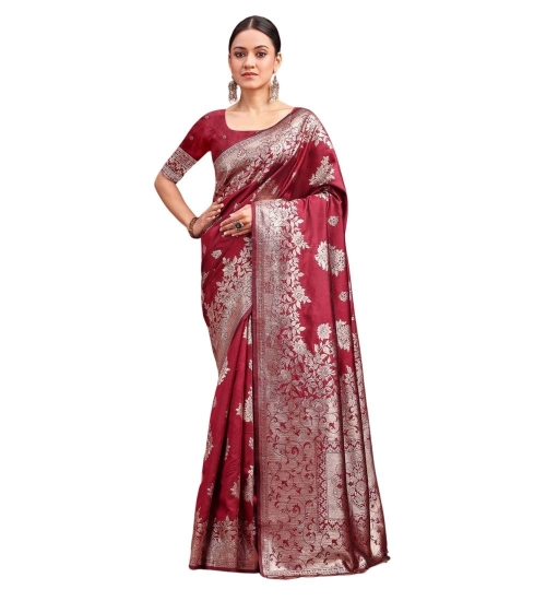 Women's Banarasi Silk Printed Saree With Unstitched Blouse 5.5Mtr (Maroon)