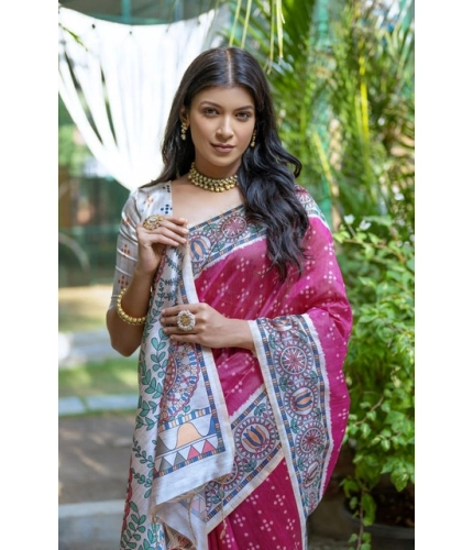 Women's Faux_Tussar Geometric_Print Saree With Unstitched Blouse 5.5Mtr (Pink)