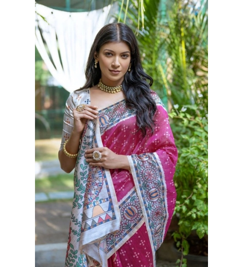 Women's Faux_Tussar Geometric_Print Saree With Unstitched Blouse 5.5Mtr (Pink)