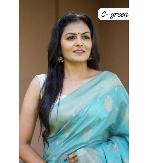 Women's Soft Lichi Silk Printed Saree With Unstitched Blouse 5.5Mtr (Sky-Blue)