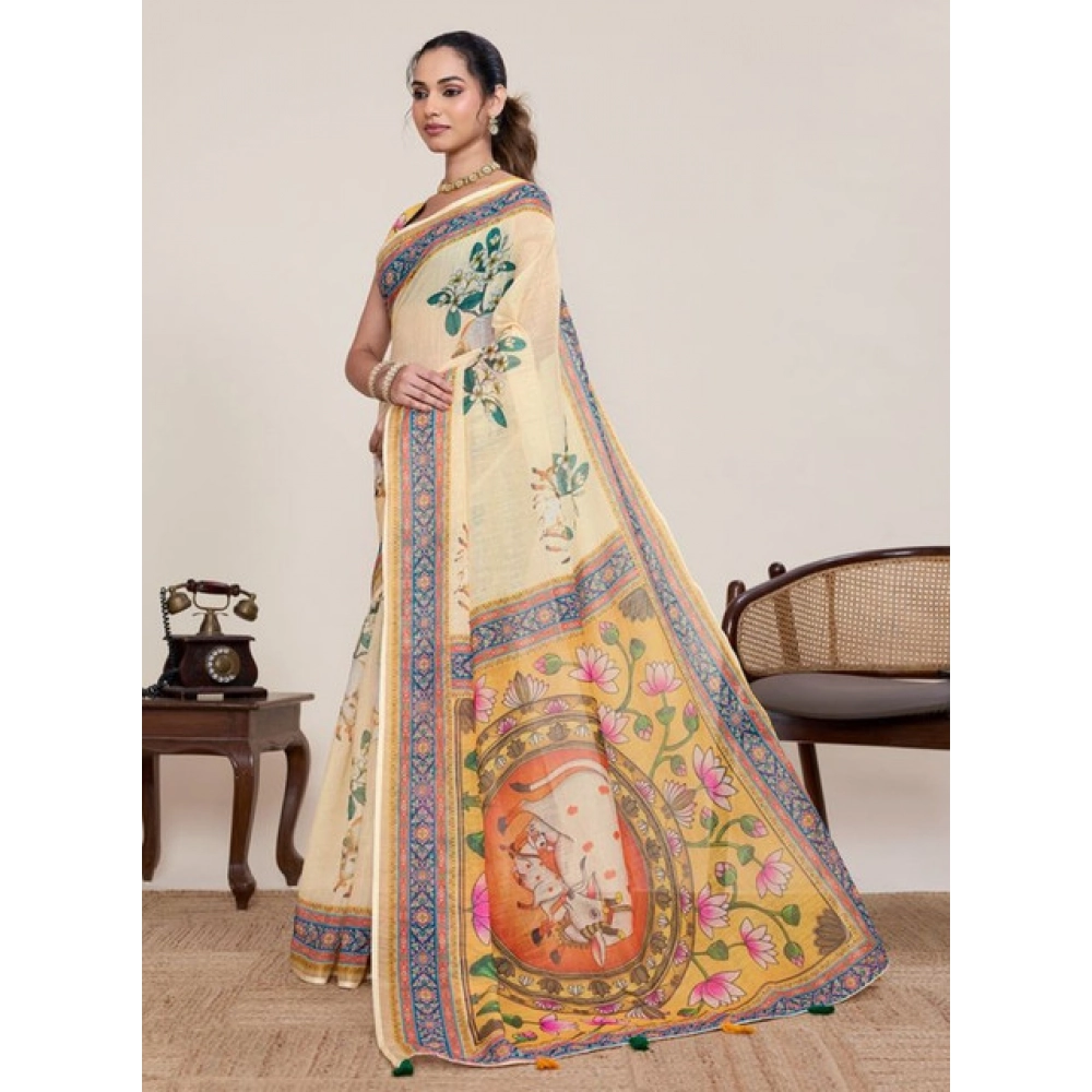 Women's Linen Floral Printed Saree With Unstitched Blouse 5.5Mtr (Beige) Women's Linen Floral Printed Saree With Unstitched Blouse 5.5Mtr (Beige)