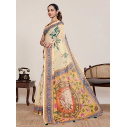 Women's Linen Floral Printed Saree With Unstitched Blouse 5.5Mtr (Beige)