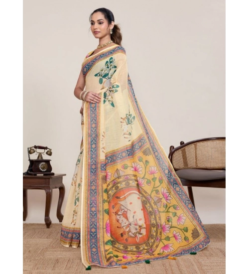 Women's Linen Floral Printed Saree With Unstitched Blouse 5.5Mtr (Beige)