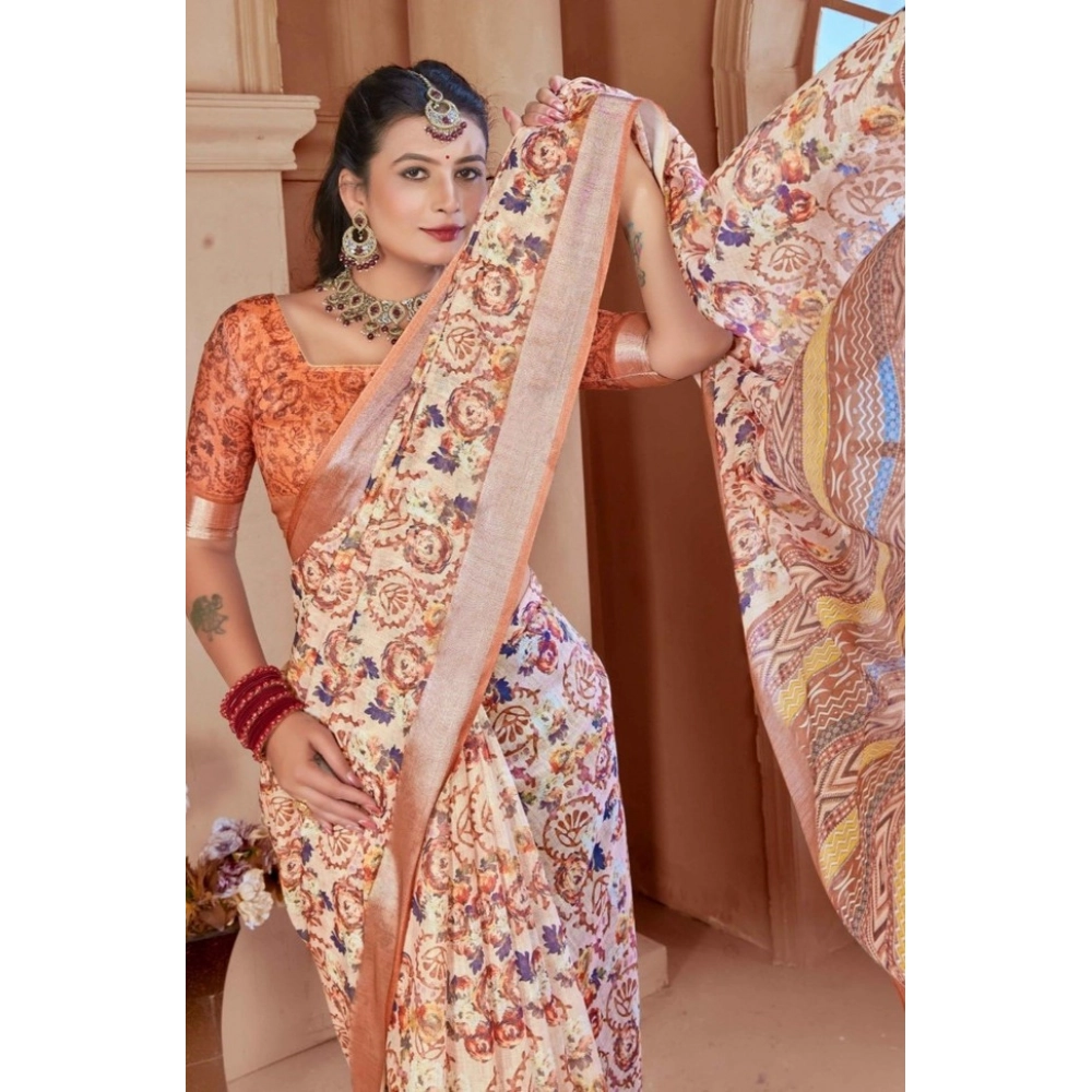 Women's Printed Cotton Linen Saree withPrinted Saree With Unstitched Blouse (Orange , 5-6Mtrs) Women's Printed Cotton Linen Saree withPrinted Saree With Unstitched Blouse (Orange , 5-6Mtrs)