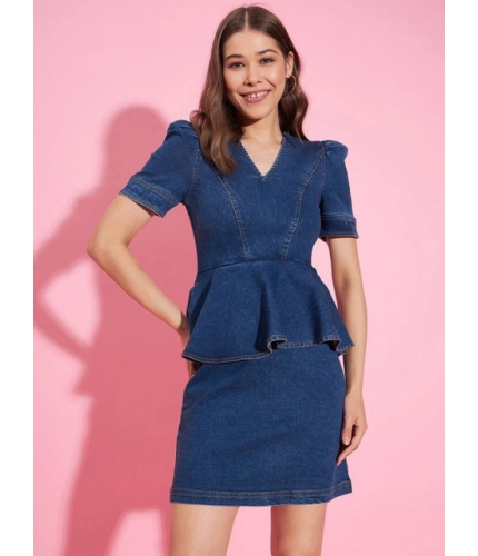 Women's Denim Solid Puff Sleeves Dress (Blue)