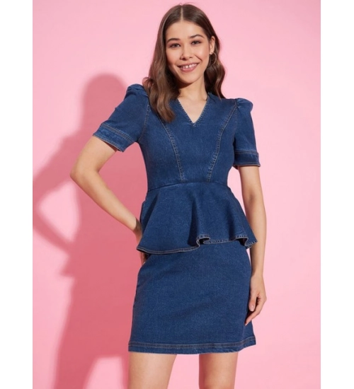 Women's Denim Solid Puff Sleeves Dress (Blue) Women's Denim Solid Puff Sleeves Dress (Blue)