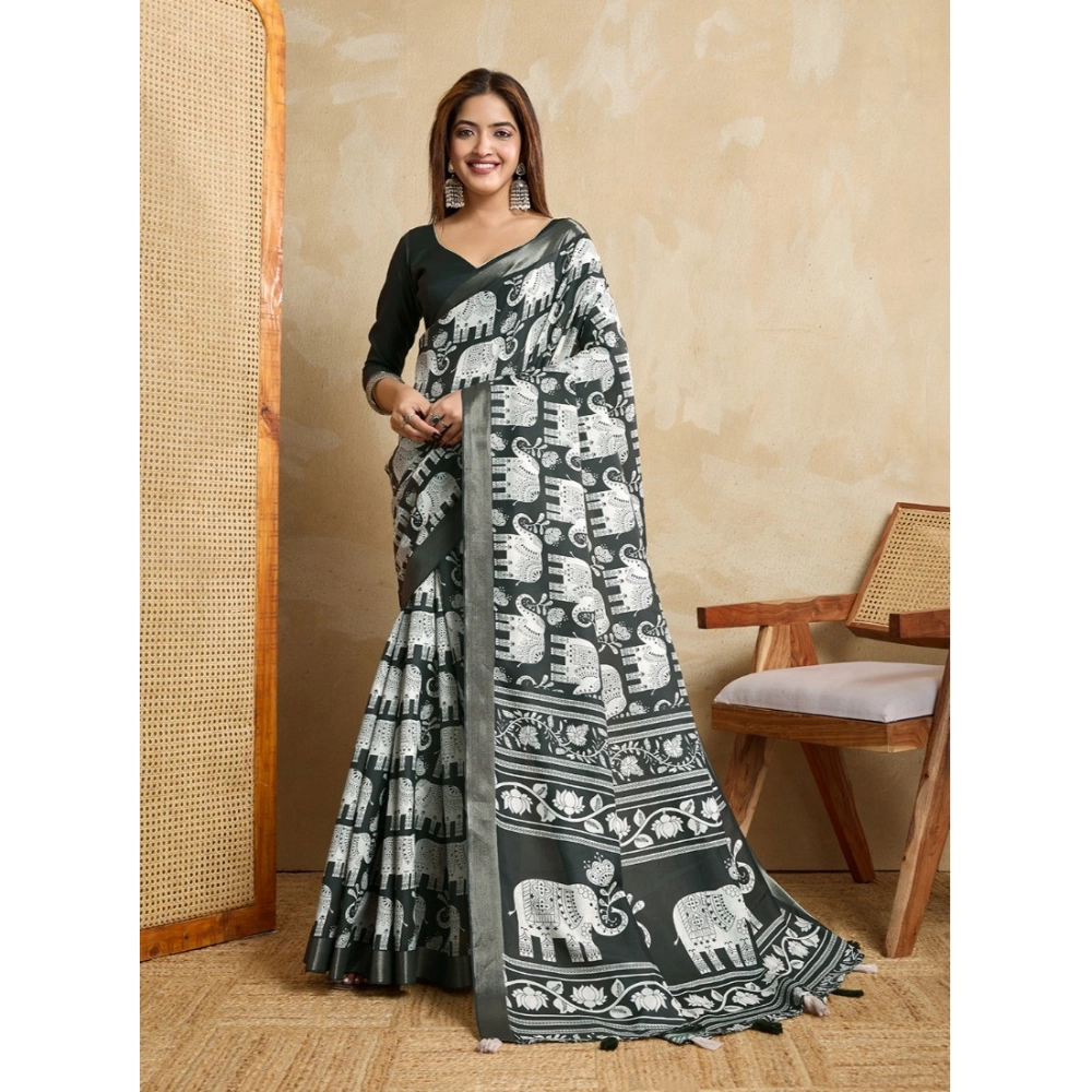 Women's Silk Blend Printed Saree With Unstitched Blouse 5.5Mtr (Green) Women's Silk Blend Printed Saree With Unstitched Blouse 5.5Mtr (Green)