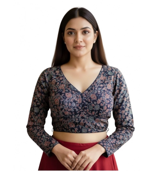 Women's Ajrakh Cotton Printed V-Neck Padded Blouse (Navy 38 Ready (Self Alterable 36–40)