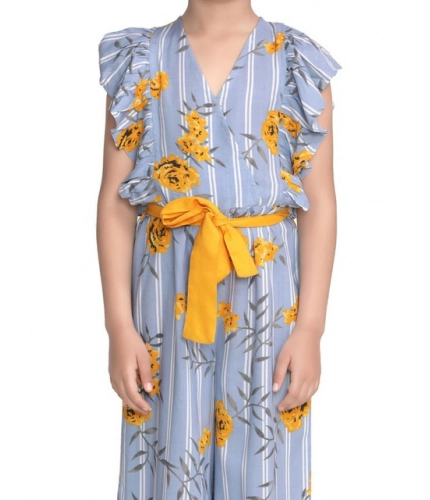 Girl's Rayon Floral Flutter Jumpsuit (Blue-Yellow)