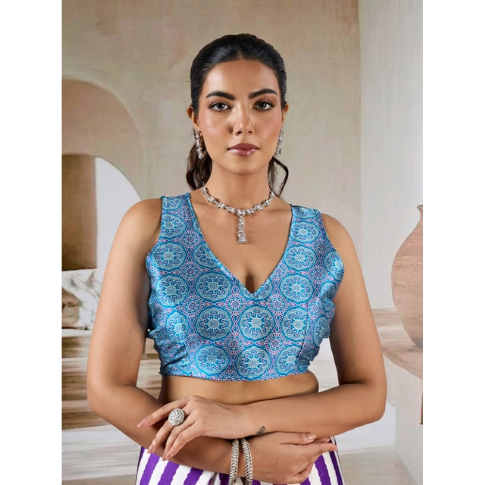 Women's Satin Crepe Printed Saree With Unstitched Blouse 5.5Mtr (Purple)