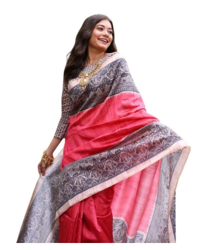 Women's Faux_Tussar Ethnic_Print Saree With Unstitched Blouse 5.5Mtr (Red)