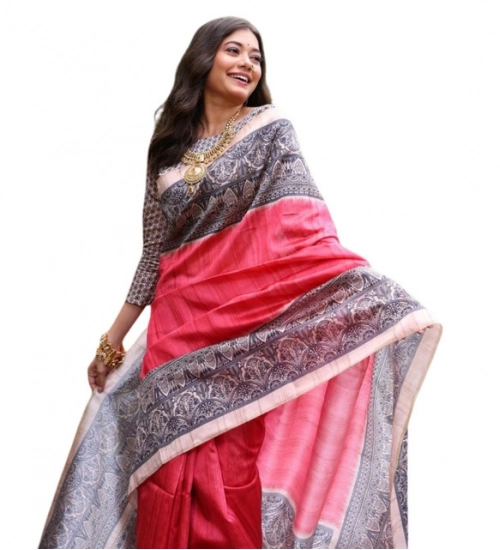 Women's Faux_Tussar Ethnic_Print Saree With Unstitched Blouse 5.5Mtr (Red)