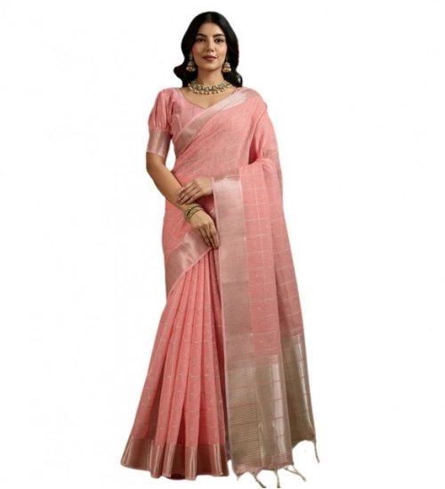 Women's Tissue Checks_With_Buttis Saree With Unstitched Blouse 5.5Mtr (Peach)