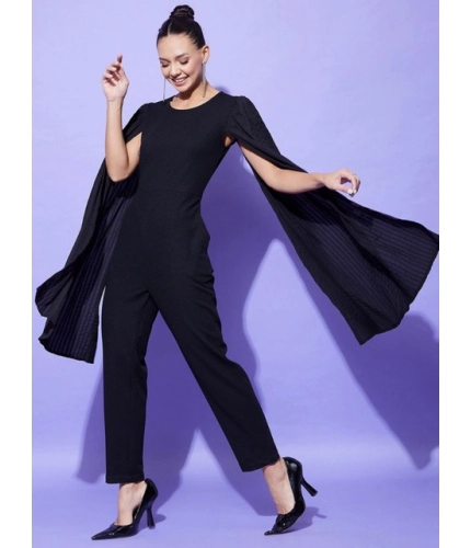 Women's Polyeter Solid Cape Sleeve Jumpsuit (Black)