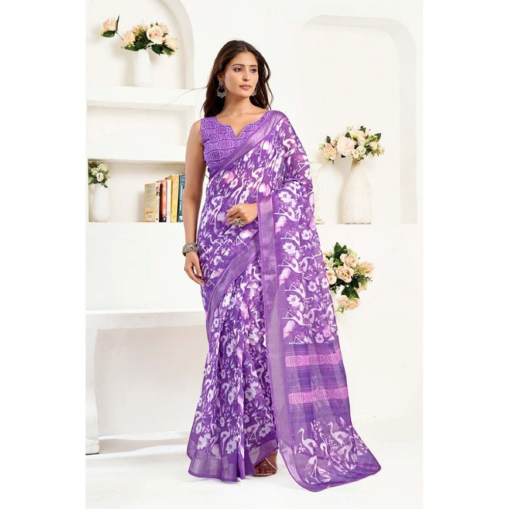 Women's Faux Linen Floral Print Ready to wear Saree With Unstitched Blouse 5.5Mtr (Purple) Women's Faux Linen Floral Print Ready to wear Saree With Unstitched Blouse 5.5Mtr (Purple)