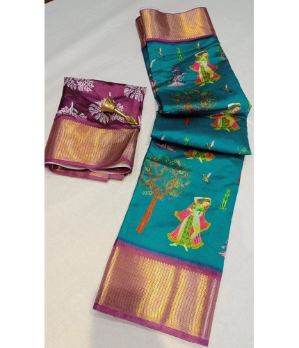 Women's Digital Dolla Silk Printed Saree With Unstitched Blouse 5.5Mtr (Turquoise Green)