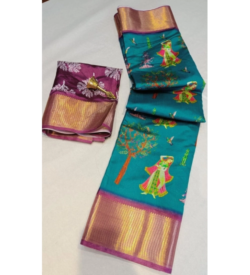 Women's Digital Dolla Silk Printed Saree With Unstitched Blouse 5.5Mtr (Turquoise Green)