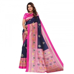 Women's Litchi silk Printed Saree With Unstitched Blouse  5-6 Mtrs (Navy Blue)