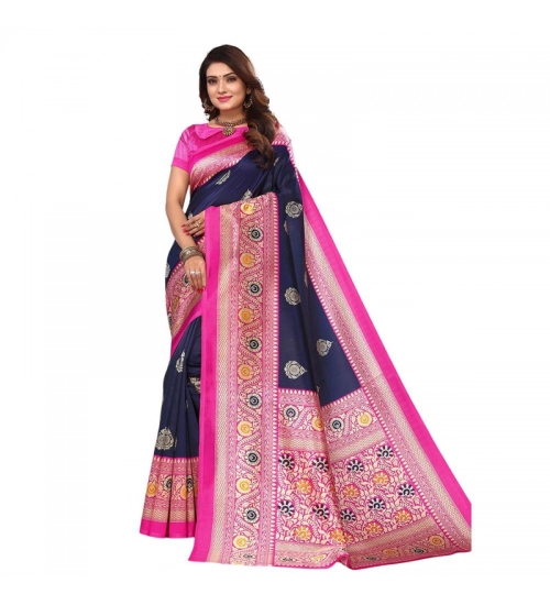 Women's Litchi silk Printed Saree With Unstitched Blouse  5-6 Mtrs (Navy Blue)