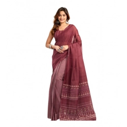 Women's Linen Cotton Printed Ready To Wear With Pocket Saree With Unstitched Blouse 5.5 Mtr (Maroon)