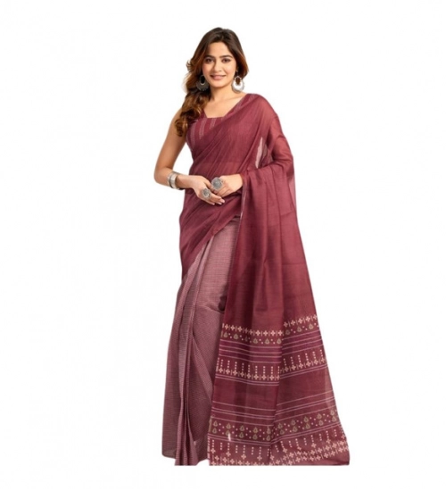 Women's Linen Cotton Printed Ready To Wear With Pocket Saree With Unstitched Blouse 5.5 Mtr (Maroon)