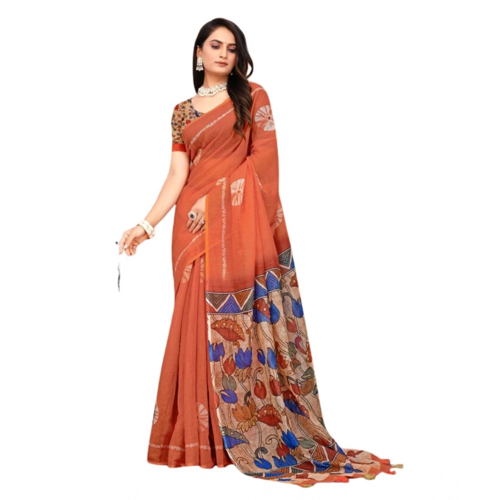 Women's Linen Printed Saree With Unstitched Blouse 5.5Mtr (Red) Women's Linen Printed Saree With Unstitched Blouse 5.5Mtr (Red)