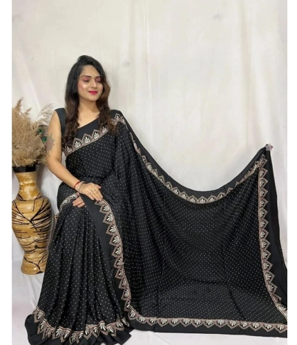 Women's Satin Printed Saree With Unstitched Blouse 5.5Mtr (Black)