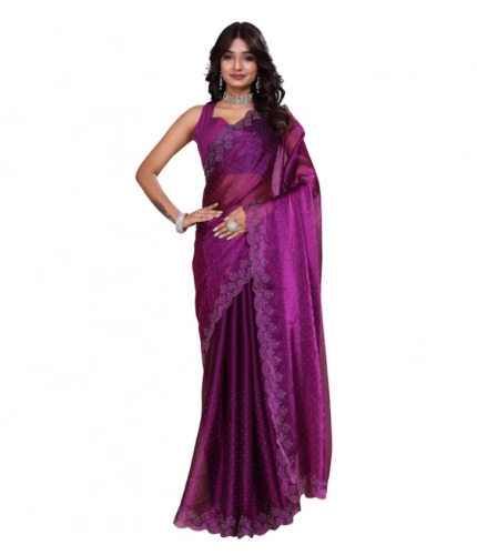 Women's Tissue Pure Silk Embellished Bollywood Saree With Unstitched Blouse 5.5Mtr (Purple)