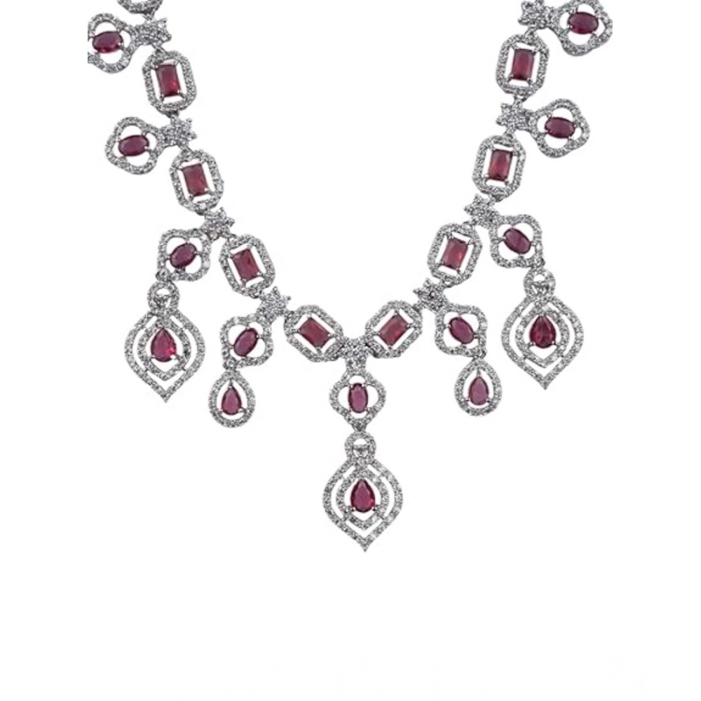 Women's Brass Silver Plated Necklace set (Red)