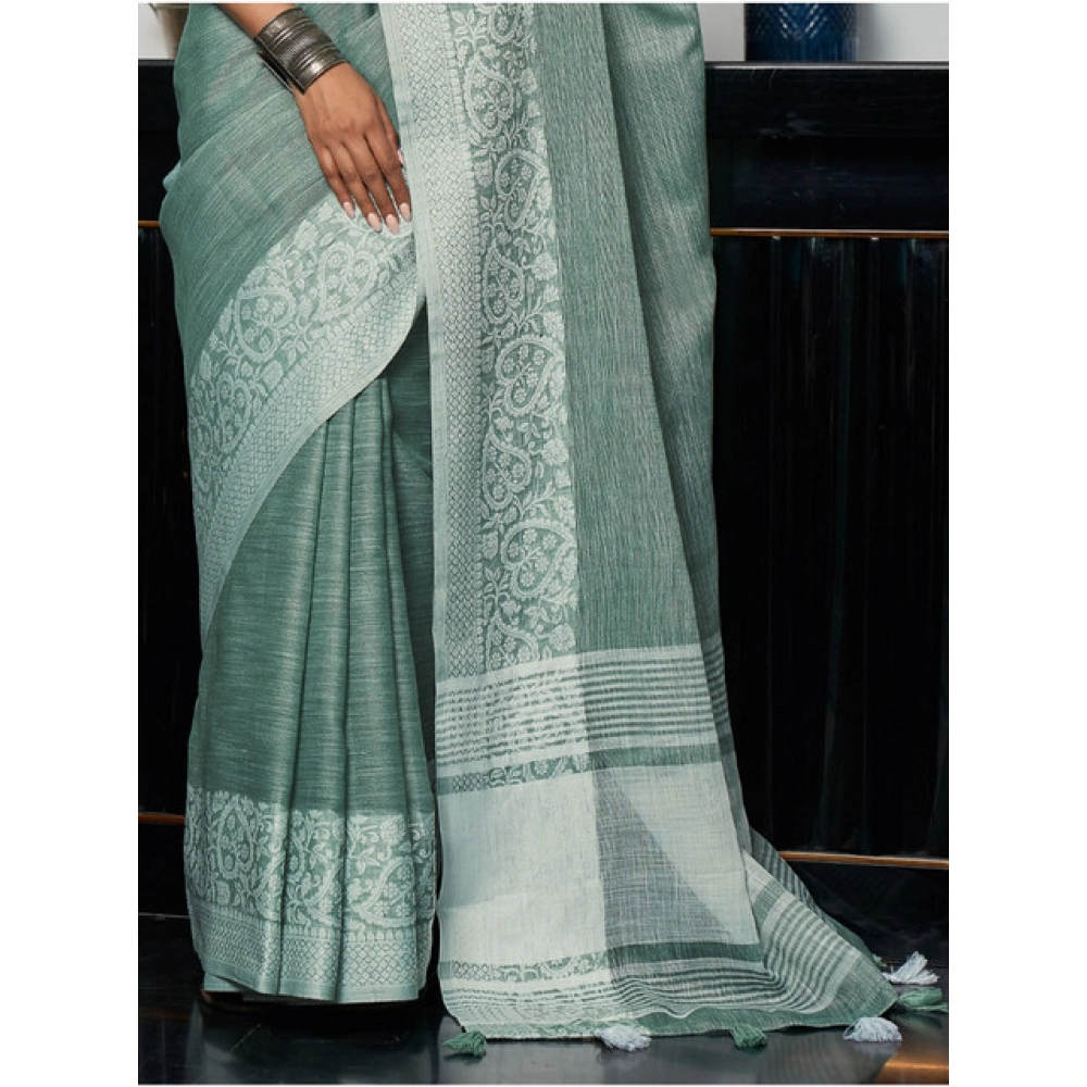 Women's Linen Printed Saree With Unstitched Blouse 5.5Mtr (Sea Green)
