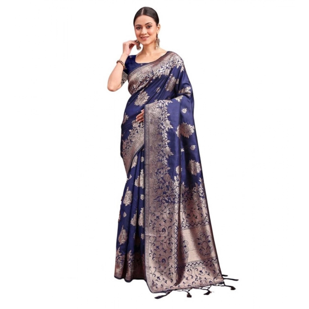 Women's Banarasi Silk Printed Saree With Unstitched Blouse 5.5Mtr (Navy Blue) Women's Banarasi Silk Printed Saree With Unstitched Blouse 5.5Mtr (Navy Blue)