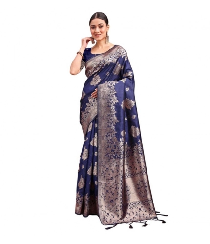 Women's Banarasi Silk Printed Saree With Unstitched Blouse 5.5Mtr (Navy Blue)