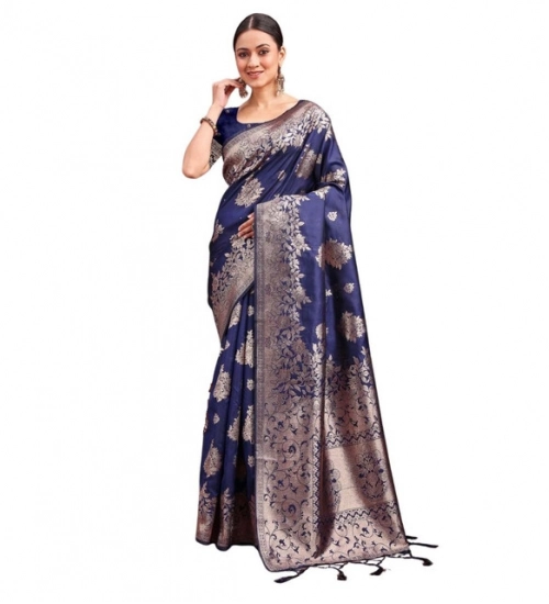 Women's Banarasi Silk Printed Saree With Unstitched Blouse 5.5Mtr (Navy Blue)