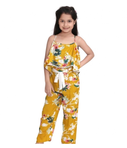 Girl's Rayon Floral Shoulder Straps Jumpsuit (Mustard)