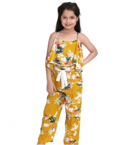 Girl's Rayon Floral Shoulder Straps Jumpsuit (Mustard) Girl's Rayon Floral Shoulder Straps Jumpsuit (Mustard)
